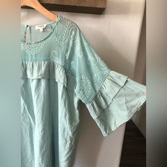 Umgee|Boho mint lace embroidered dress (or tunic top) with tiered ruffle sleeve• - Picture 5 of 13